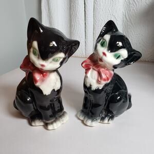 Vintage 50's Ceramic Figaro Cat Statues Figurines Black White Tuxedo Pink Bows